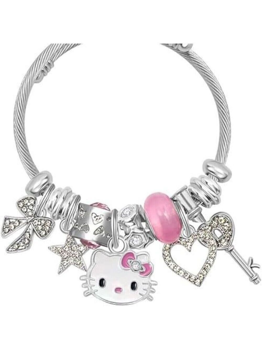 Hello Kitty Multi Charm Bracelet, Simulated Diamond, Enamel, Silver